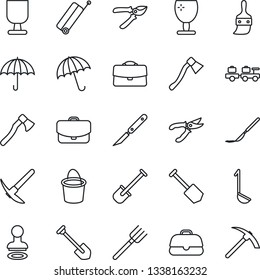 Thin Line Icon Set - suitcase vector, umbrella, stamp, baggage larry, job, shovel, farm fork, bucket, pruner, axe, scalpel, fragile, themes, case, ladle, hard work