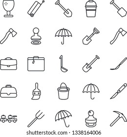 Thin Line Icon Set - suitcase vector, umbrella, stamp, baggage larry, job, shovel, farm fork, bucket, axe, scalpel, fragile, themes, case, ladle, hard work