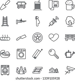 Thin Line Icon Set - suitcase vector, airport bus, boarding, trowel, ladder, tree, watering can, bench, syringe, pregnancy, heart, meeting, paper tray, house with, key, washer, city, beer, salad