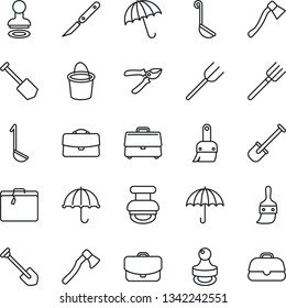Thin Line Icon Set - suitcase vector, umbrella, stamp, job, shovel, farm fork, bucket, pruner, axe, scalpel, themes, case, ladle