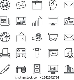 Thin Line Icon Set - suitcase vector, identity, mail, growth statistic, calculator, desk, pen, tie, presentation board, brainstorm, news, network, calendar, monitor statistics, document search, rent