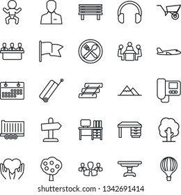 Thin Line Icon Set - suitcase vector, baby, plane, desk, tree, wheelbarrow, bench, heart hand, truck trailer, headphones, user, calendar, meeting, paper tray, fruit, mountains, table, cafe, group