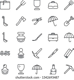 Thin Line Icon Set - suitcase vector, umbrella, stamp, baggage larry, shovel, farm fork, pruner, axe, scalpel, fragile, themes, case, ladle, hard work