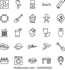 Thin Line Icon Set - suitcase vector, baby, boarding, plane, office chair, desk, meeting, job, shovel, tree, garden light, real heart, tulip, city house, phyto bar, salad, chip, fan, washer, group
