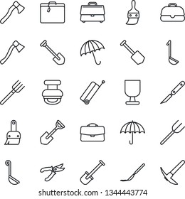 Thin Line Icon Set - suitcase vector, umbrella, job, shovel, farm fork, pruner, axe, scalpel, fragile, themes, case, stamp, ladle, hard work