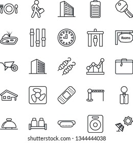 Thin Line Icon Set - suitcase vector, barrier, security gate, reception bell, office building, wheelbarrow, patch, clock, settings, speaker, battery, point graph, manager, house with garage, pond