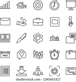 Thin Line Icon Set - suitcase vector, alarm clock, gear, team, pen, cash, mobile tracking, folder document, settings, download, eye id, case, presentation board, bar graph, abacus, tie, hierarchy