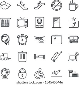 Thin Line Icon Set - suitcase vector, departure, airport bus, hot cup, escalator, alarm clock, no smoking, trash bin, tv, bomb in case, wireless notebook, disabled, passport, globe, bed, fork loader
