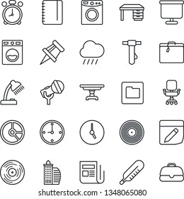 Thin Line Icon Set - suitcase vector, alarm clock, desk, notepad, tie, circle chart, rain, thermometer, vinyl, microphone, news, folder, notes, presentation board, drawing pin, office chair, lamp
