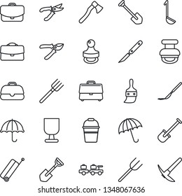 Thin Line Icon Set - suitcase vector, umbrella, baggage larry, job, shovel, farm fork, bucket, pruner, axe, scalpel, fragile, themes, case, stamp, ladle, hard work