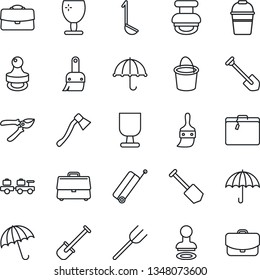 Thin Line Icon Set - suitcase vector, umbrella, stamp, baggage larry, job, shovel, farm fork, bucket, pruner, axe, fragile, themes, case, ladle