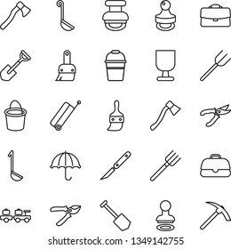Thin Line Icon Set - suitcase vector, stamp, baggage larry, job, shovel, farm fork, bucket, pruner, axe, scalpel, fragile, umbrella, themes, case, ladle, hard work