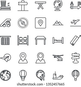Thin Line Icon Set - suitcase vector, departure, globe, ladder car, helicopter, flight table, luggage storage, plane, airport building, picnic, signpost, navigation, earth, pin, sea shipping, route