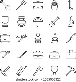 Thin Line Icon Set - suitcase vector, stamp, job, shovel, farm fork, bucket, pruner, axe, scalpel, fragile, umbrella, themes, case, ladle, hard work