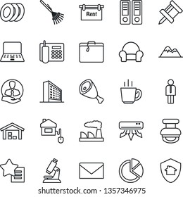 Thin Line Icon Set - suitcase vector, manager, mail, office building, binder, notebook pc, factory, rake, microscope, client, favorites list, drawing pin, pie graph, phone, stamp, mountains, rent
