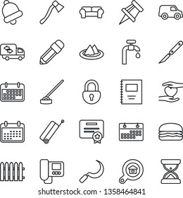 Thin Line Icon Set - suitcase vector, fence, hoe, sickle, axe, scalpel, heart hand, term, bell, lock, calendar, copybook, drawing pin, pencil, water supply, estate search, cushioned furniture, car