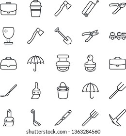 Thin Line Icon Set - suitcase vector, baggage larry, job, farm fork, bucket, pruner, axe, scalpel, fragile, umbrella, themes, case, stamp, ladle, hard work