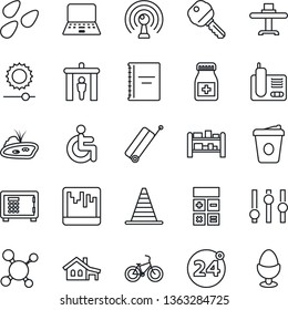 Thin Line Icon Set - suitcase vector, 24 around, security gate, border cone, safe, calculator, notebook pc, coffee, seeds, molecule, pills bottle, bike, disabled, rack, antenna, settings, scanner