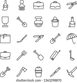 Thin Line Icon Set - suitcase vector, umbrella, stamp, job, shovel, farm fork, bucket, pruner, axe, scalpel, fragile, themes, case, ladle, hard work
