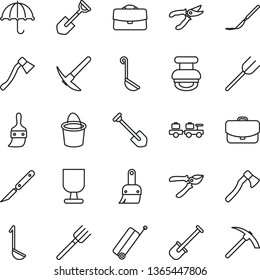 Thin Line Icon Set - suitcase vector, baggage larry, job, shovel, farm fork, bucket, pruner, axe, scalpel, fragile, umbrella, themes, case, stamp, ladle, hard work
