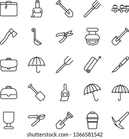 Thin Line Icon Set - suitcase vector, umbrella, baggage larry, job, shovel, farm fork, bucket, pruner, axe, scalpel, fragile, themes, stamp, ladle, case, hard work