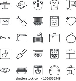 Thin Line Icon Set - suitcase vector, barrier, automatic door, washer, plane, job, trowel, bench, pumpkin, eye, signpost, truck trailer, headphones, heart, alarm, music, children room, bread