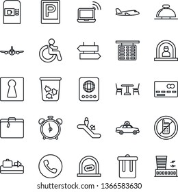 Thin Line Icon Set - suitcase vector, baggage conveyor, parking, cafe, coffee machine, escalator, alarm clock, phone, no mobile, trash bin, signpost, female, credit card, car, wireless notebook