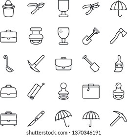 Thin Line Icon Set - suitcase vector, umbrella, stamp, job, shovel, bucket, pruner, axe, scalpel, fragile, themes, case, ladle, hard work
