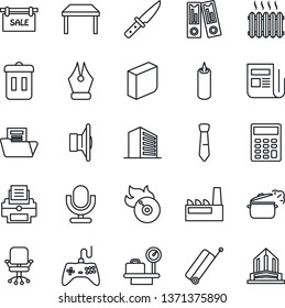 Thin Line Icon Set - suitcase vector, luggage scales, office building, chair, binder, flame disk, news, speaker, gamepad, microphone, document folder, calculator, ink pen, blank box, printer, tie