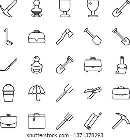 Thin Line Icon Set - suitcase vector, stamp, job, shovel, farm fork, bucket, pruner, axe, scalpel, fragile, umbrella, themes, case, ladle, hard work