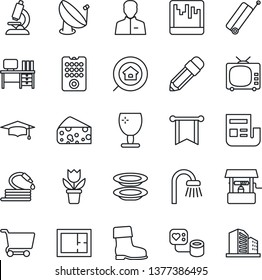 Thin Line Icon Set - suitcase vector, graduate, desk, flower in pot, boot, well, hose, blood pressure, microscope, fragile, satellite antenna, tv, user, scanner, news, pencil, plan, estate search