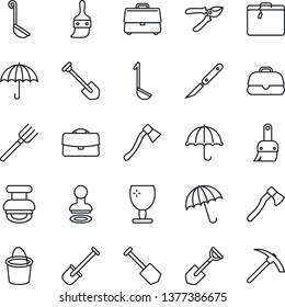 Thin Line Icon Set - suitcase vector, umbrella, stamp, job, shovel, farm fork, bucket, pruner, axe, scalpel, fragile, themes, case, ladle, hard work