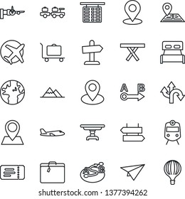 Thin Line Icon Set - suitcase vector, baggage trolley, train, signpost, ticket, larry, boarding, plane, flight table, picnic, route, navigation, earth, pin, place tag, mountains, bedroom, paper