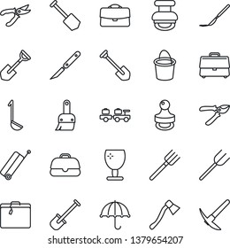 Thin Line Icon Set - suitcase vector, baggage larry, job, shovel, farm fork, bucket, pruner, axe, scalpel, fragile, umbrella, themes, case, stamp, ladle, hard work