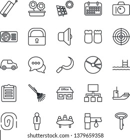 Thin Line Icon Set - suitcase vector, camera, manager, meeting, rake, sickle, drip irrigation, store, sea shipping, term, clipboard, dialog, lock, pie graph, target, pool, sun panel, air conditioner