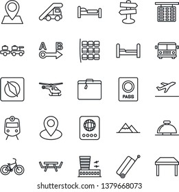 Thin Line Icon Set - suitcase vector, departure, airport bus, train, reception bell, passport, bed, baggage larry, ladder car, helicopter, seat map, flight table, building, picnic, bike, signpost