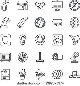 Thin Line Icon Set - suitcase vector, no mobile, shop, safe, handshake, speaking man, bulb, stamp, flower in pot, rake, diagnosis, earth, traffic light, cargo, microphone, video camera, face id, fan