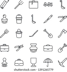 Thin Line Icon Set - suitcase vector, stamp, baggage larry, job, shovel, farm fork, bucket, pruner, axe, scalpel, fragile, umbrella, case, ladle, hard work