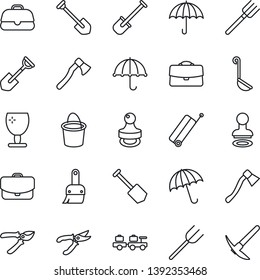 Thin Line Icon Set - suitcase vector, umbrella, stamp, baggage larry, job, shovel, farm fork, bucket, pruner, axe, fragile, themes, case, ladle, hard work