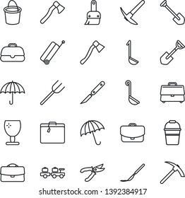 Thin Line Icon Set - suitcase vector, umbrella, baggage larry, job, shovel, farm fork, bucket, pruner, axe, scalpel, fragile, themes, case, ladle, hard work