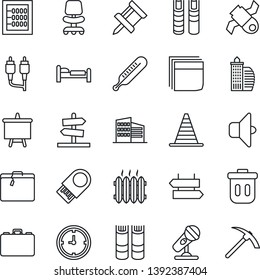 Thin Line Icon Set - suitcase vector, signpost, bed, border cone, office chair, book, case, presentation board, thermometer, satellite, clock, microphone, rca, drawing pin, abacus, blank box, heater