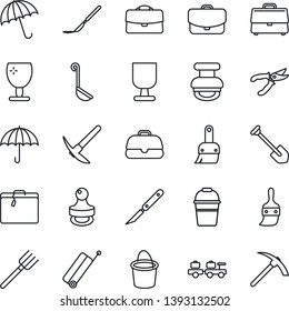 Thin Line Icon Set - suitcase vector, umbrella, baggage larry, job, farm fork, bucket, pruner, scalpel, fragile, themes, case, stamp, ladle, hard work
