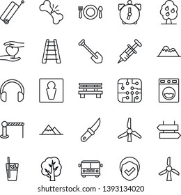 Thin Line Icon Set - suitcase vector, airport bus, barrier, signpost, male, job, ladder, tree, garden knife, bench, syringe, heart hand, broken bone, shield, headphones, alarm, windmill, fruit, cafe