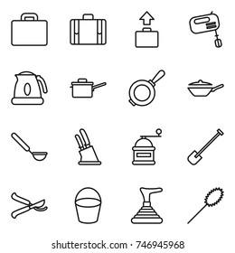 thin line icon set : suitcase, baggage, mixer, kettle, saute pan, ladle, knife holder, hand mill, shovel, pruner, bucket, plunger, duster