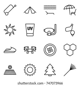 thin line icon set : suitcase, tent, lounger, sun, uv cream, diving mask, golf, jet ski, palm hammock, cooler fan, honeycombs, field, spruce, rake