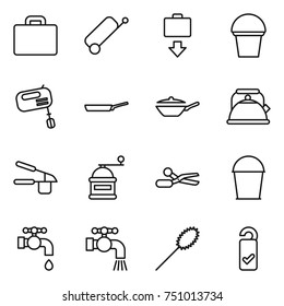 thin line icon set : suitcase, baggage get, bucket, mixer, pan, kettle, garlic clasp, hand mill, scissors, water tap, duster, please clean