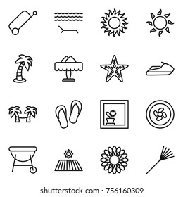 Thin line icon set : suitcase, lounger, sun, palm, restaurant, starfish, jet ski, hammock, flip flops, flower in window, cooler fan, bbq, field, rake
