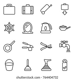Thin line icon set : suitcase, baggage get, handwheel, mirror, kettle, pan, garlic clasp, pruner, water tap, bucket, plunger, please clean