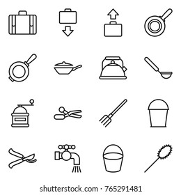 Thin line icon set : suitcase, baggage get, pan, kettle, ladle, hand mill, scissors, fork, bucket, pruner, water tap, duster