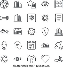 Thin Line Icon Set - sun vector, luggage storage, office building, heart, barbell, eye, satellite, favorites list, protect, network, calendar, id, fingerprint, copybook, house with tree, sweet home